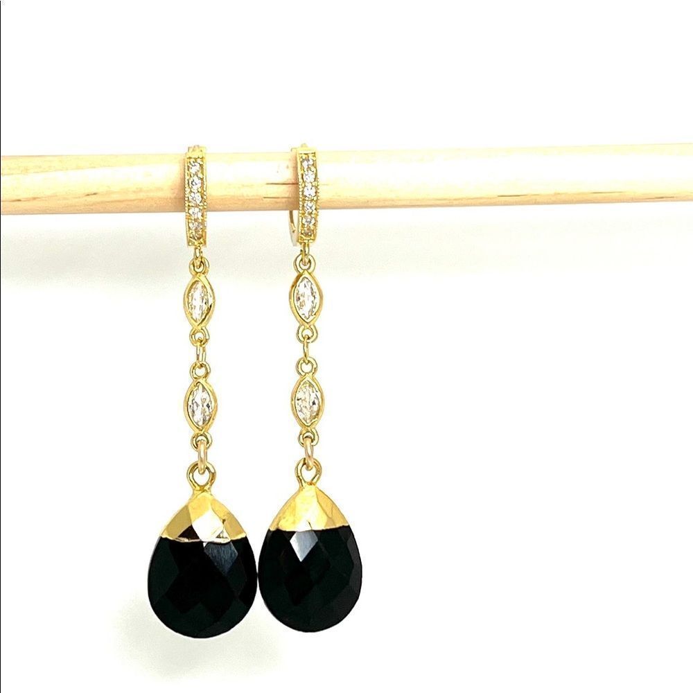 Gold huggie hoop womens statement earrings long dangle drop chain black onyx